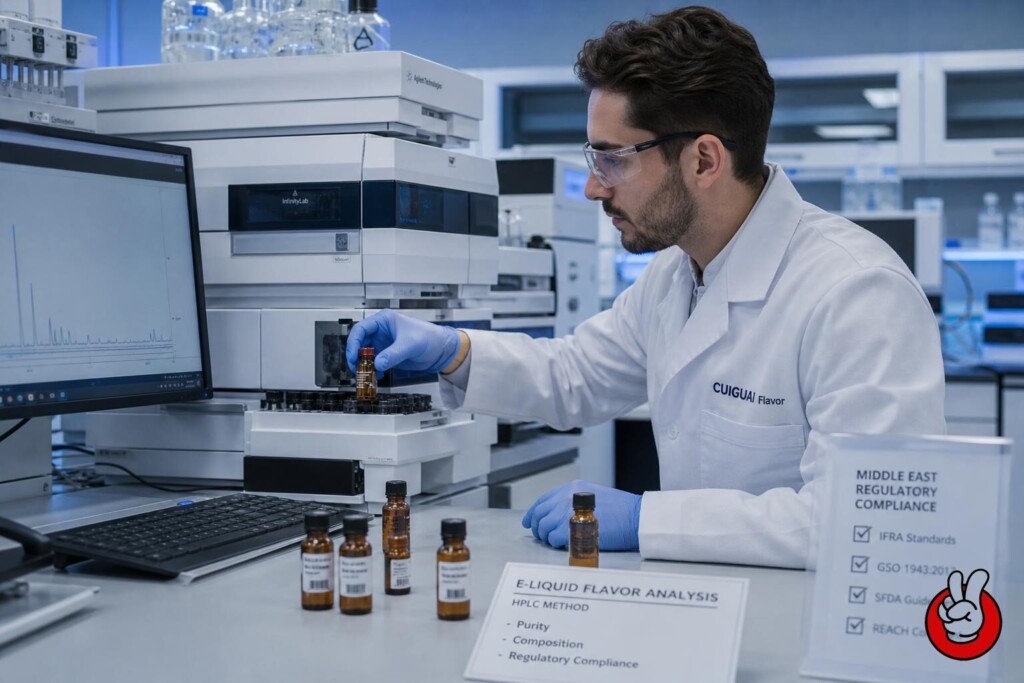 一位食品科学家使用 HPLC 机器分析电子烟液风味化合物，以确保符合中东阿联酋的要求。