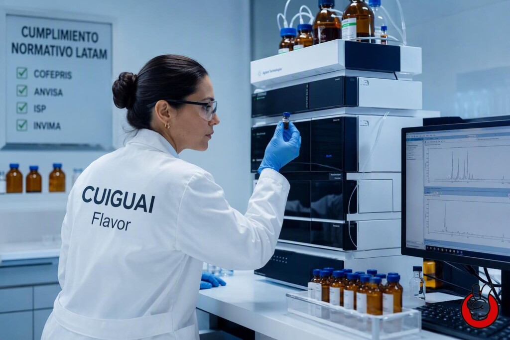 食品科学家使用 HPLC 机器分析电子烟液风味化合物，以确保符合严格的拉丁美洲法规和 ANVISA 化学标准。