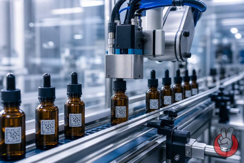 A high-speed industrial printer applies unique Data Matrix codes to e-liquid flavor bottles on a cleanroom conveyor — the serialization step every Russia-bound vape product must pass before customs clearance.