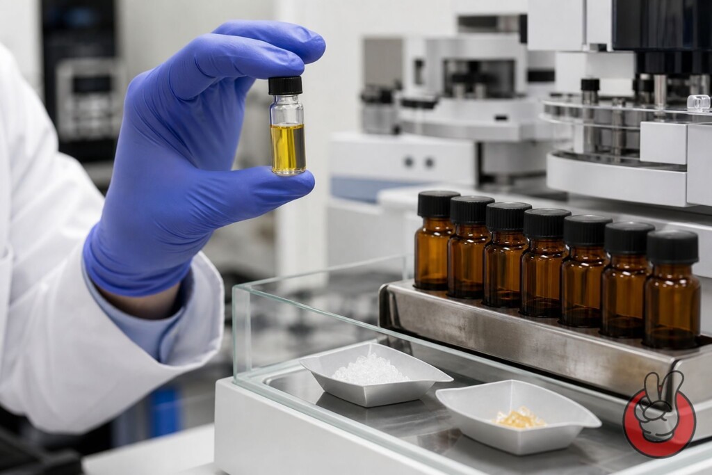 A chemist holds a vial of certified analytical standard beside amber sample vials and a balance — the calibration materials that anchor every defensible 2,3-pentanedione quantification.