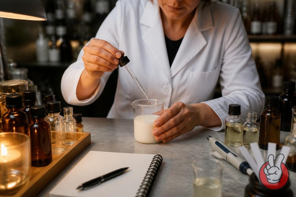 A flavorist develops a low-diketone cream profile at the bench — pipetting, weighing, and tasting sample builds that replace acetylpropionyl with lactones, vanilla, and maltol systems.