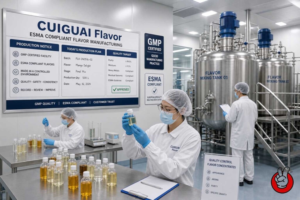 现代化 GMP 认证电子烟液香料生产设施，生产符合 ESMA 标准的香料，并进行严格的质量控制。