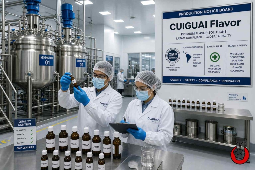 现代化 GMP 认证电子烟液香料生产设施，配备不锈钢混合罐，为拉丁美洲市场生产合规香料。