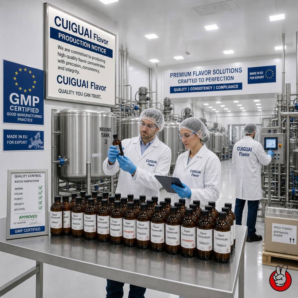 现代化、经过 GMP 认证的不锈钢制造工厂，生产符合 REACH 标准的电子烟液浓缩香料。严格的质量控制协议确保无缝出口到严格监管的欧盟市场。