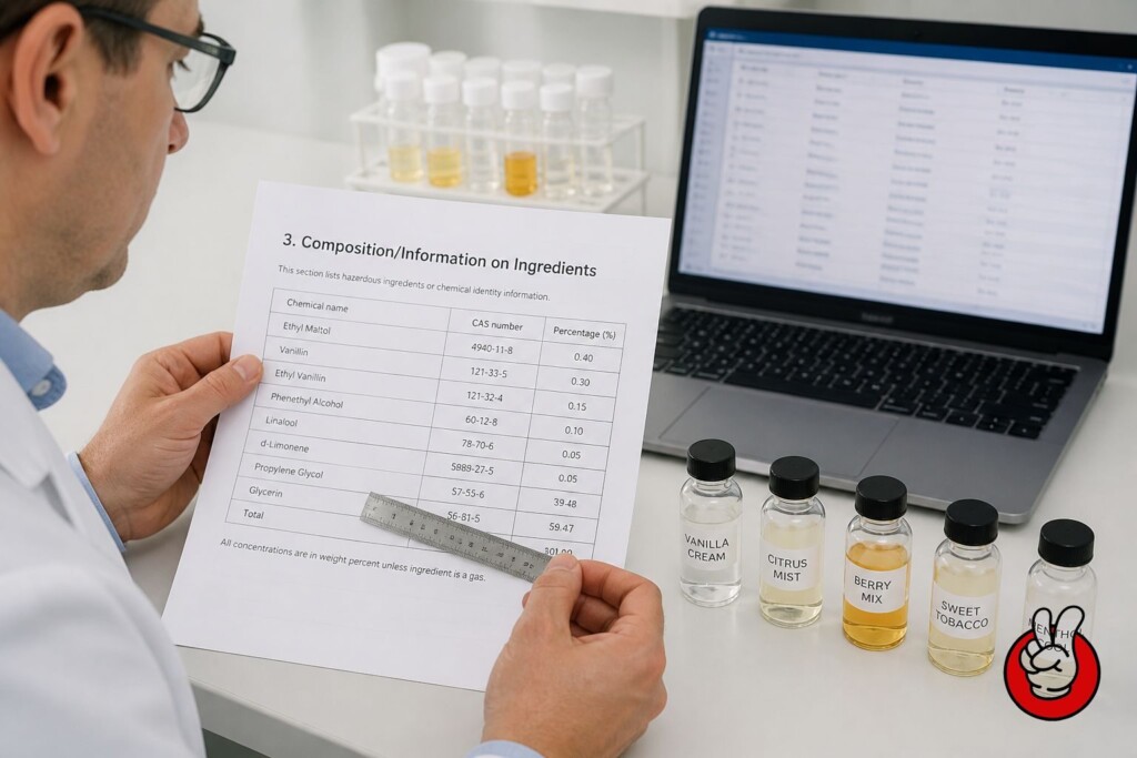 Documentation review comparing the Section 3 ingredient list of a flavor SDS with a certificate of analysis in the CUIGUAI Flavor quality control lab.