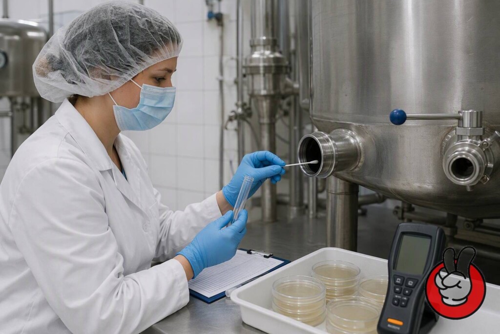 An analyst performs a swab test on a stainless steel tank outlet to verify that allergen changeover cleaning meets its validated residue limit.