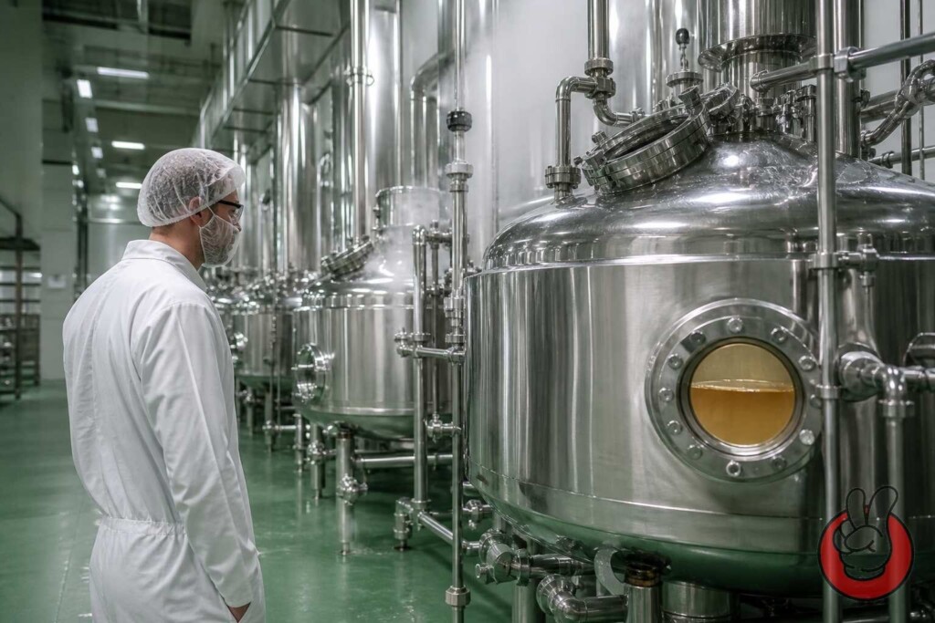 Stainless steel mixing tanks on a food-grade flavor production floor — where low-diketone cream formulations are scaled from bench to batch under controlled, traceable conditions.